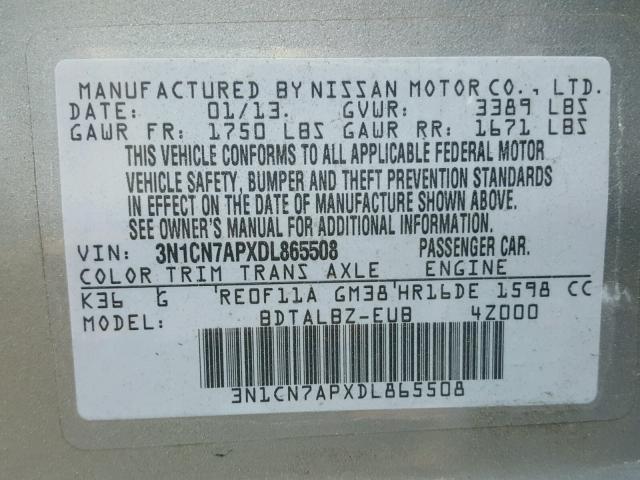 3N1CN7APXDL865508 - 2013 NISSAN VERSA S SILVER photo 10