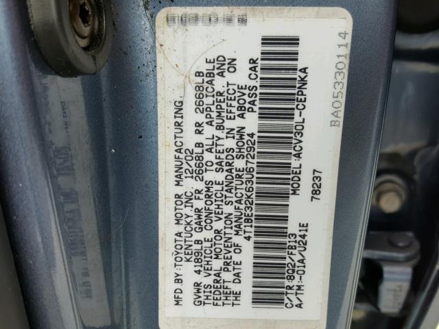 4T1BE32K63U672924 - 2003 TOYOTA CAMRY LE BLUE photo 10