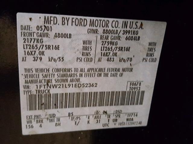 1FTNW21L91ED52362 - 2001 FORD F250 SUPER BLACK photo 10