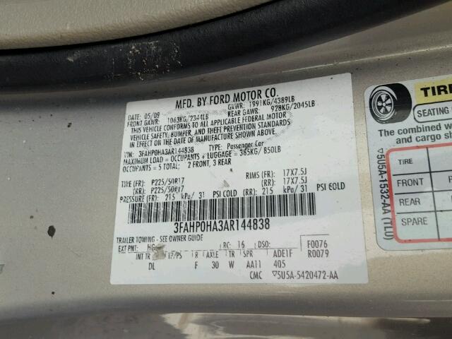 3FAHP0HA3AR144838 - 2010 FORD FUSION SE BEIGE photo 10