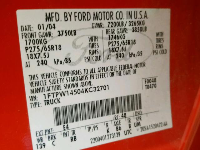 1FTPW14504KC32701 - 2004 FORD F150 SUPER RED photo 10