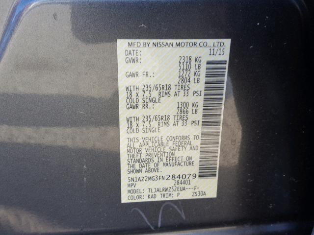 5N1AZ2MG3FN284079 - 2015 NISSAN MURANO S GRAY photo 10