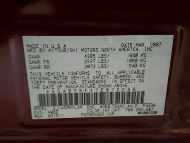 4A3AB36F47E072289 - 2007 MITSUBISHI GALANT ES MAROON photo 10