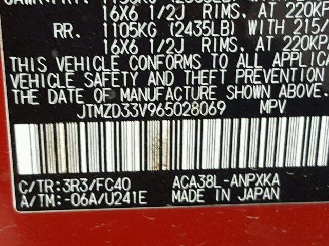 JTMZD33V965028069 - 2006 TOYOTA RAV4 RED photo 10