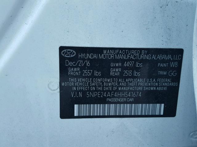 5NPE24AF4HH541674 - 2017 HYUNDAI SONATA SE WHITE photo 10