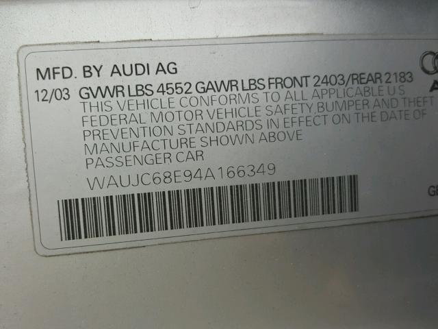 WAUJC68E94A166349 - 2004 AUDI A4 1.8T SILVER photo 10