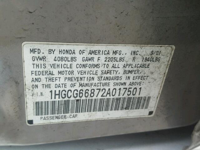 1HGCG66872A017501 - 2002 HONDA ACCORD EX SILVER photo 10