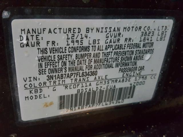 3N1AB7AP7FL634360 - 2015 NISSAN SENTRA S BLACK photo 10