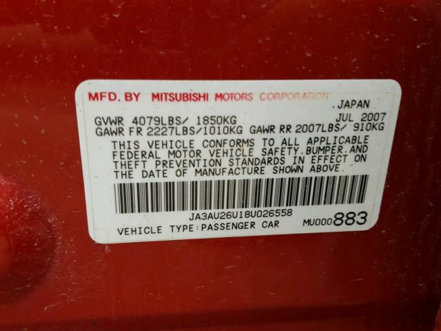 JA3AU26U18U026558 - 2008 MITSUBISHI LANCER ES RED photo 10