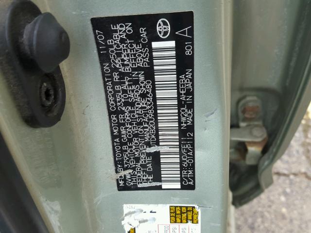 JTDKB20U983346480 - 2008 TOYOTA PRIUS GREEN photo 10