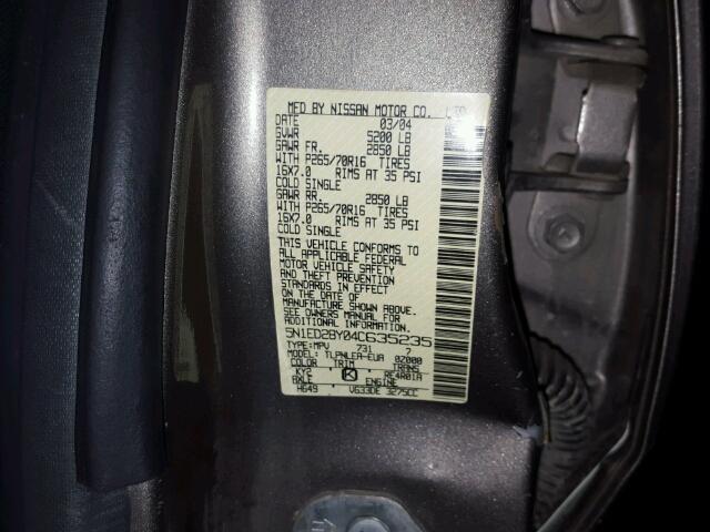 5N1ED28Y04C635235 - 2004 NISSAN XTERRA XE GRAY photo 10