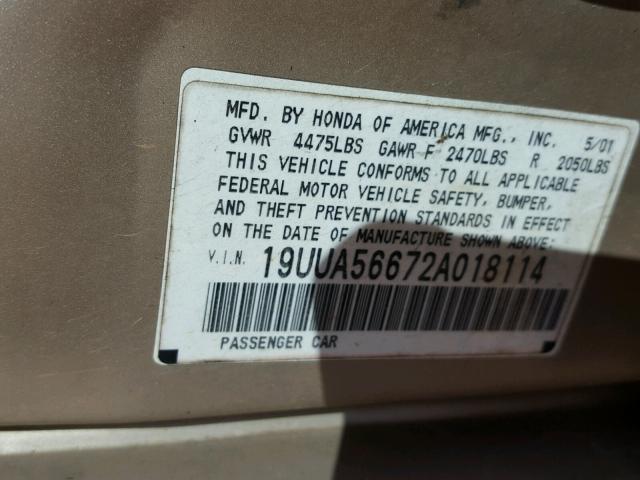 19UUA56672A018114 - 2002 ACURA 3.2TL GOLD photo 10