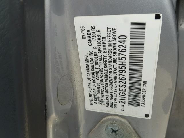 2HGES26795H576240 - 2005 HONDA CIVIC EX SILVER photo 10