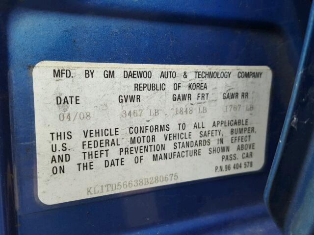 KL1TD56638B280675 - 2008 CHEVROLET AVEO BASE Niebieski zdjęcie 10