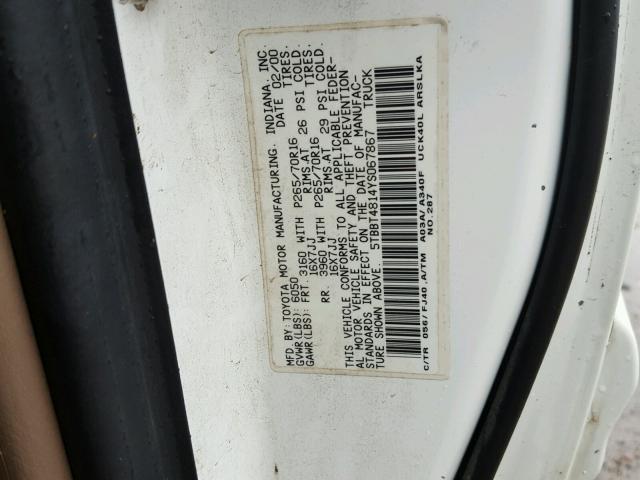 5TBBT4814YS067867 - 2000 TOYOTA TUNDRA ACC WHITE photo 10