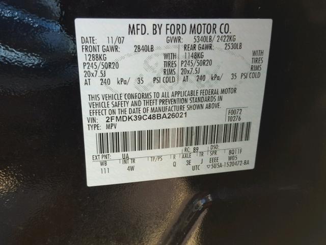 2FMDK39C48BA26021 - 2008 FORD EDGE LIMIT BLACK photo 10