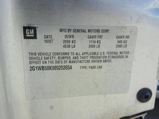 2G1WB58K989252654 - 2008 CHEVROLET IMPALA LS SILVER photo 10