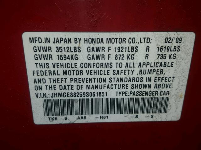 JHMGE88259S061851 - 2009 HONDA FIT RED photo 10