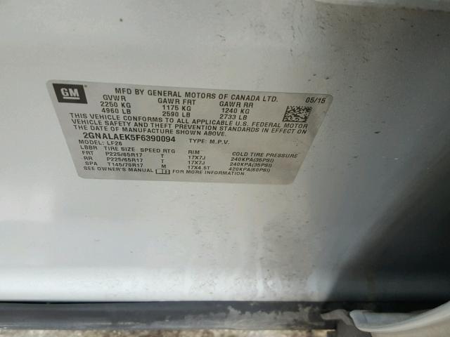 2GNALAEK5F6390094 - 2015 CHEVROLET EQUINOX LS SILVER photo 10