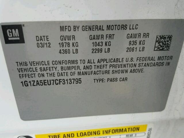 1G1ZA5EU7CF313795 - 2012 CHEVROLET MALIBU LS Ağ foto 10