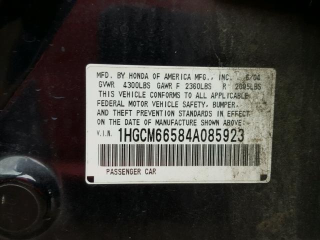 1HGCM66584A085923 - 2004 HONDA ACCORD EX BLACK photo 10