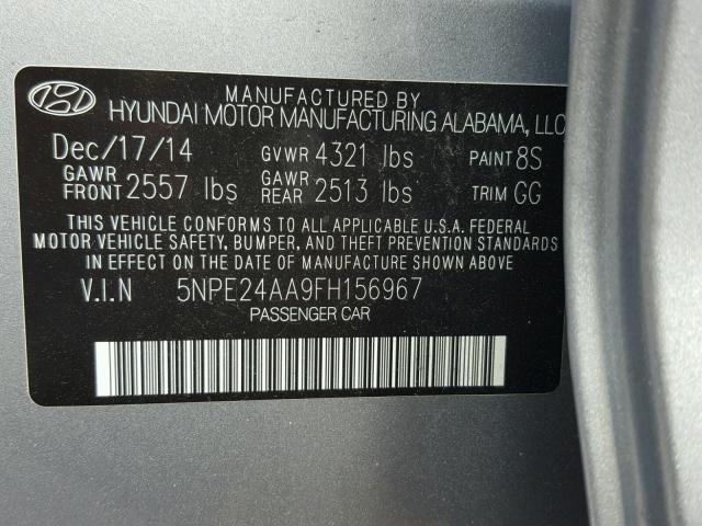 5NPE24AA9FH156967 - 2015 HYUNDAI SONATA ECO BLUE photo 10