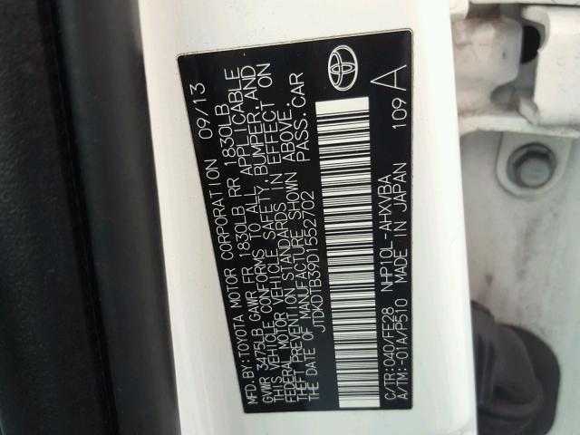 JTDKDTB39D1552702 - 2013 TOYOTA PRIUS C WHITE photo 10