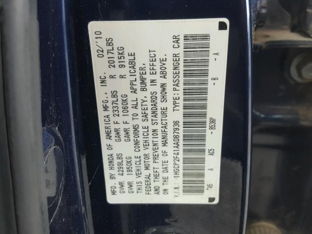 1HGCP2F41AA087936 - 2010 HONDA ACCORD LXP BLUE photo 10