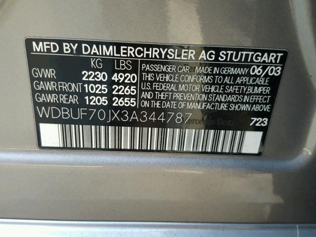 WDBUF70JX3A344787 - 2003 MERCEDES-BENZ E 500 SILVER photo 10