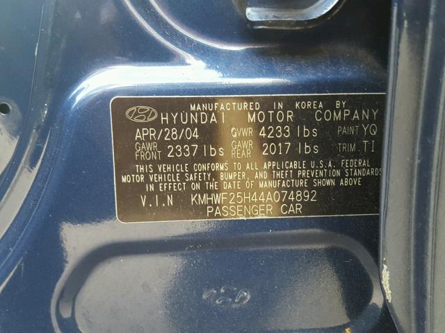 KMHWF25H44A074892 - 2004 HYUNDAI SONATA GL BLUE photo 10