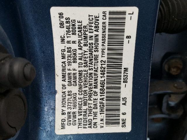 1HGFA16846L146212 - 2006 HONDA CIVIC EX BLUE photo 10