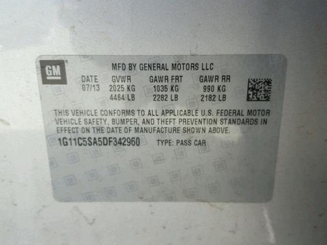 1G11C5SA5DF342960 - 2013 CHEVROLET MALIBU 1LT SILVER photo 10