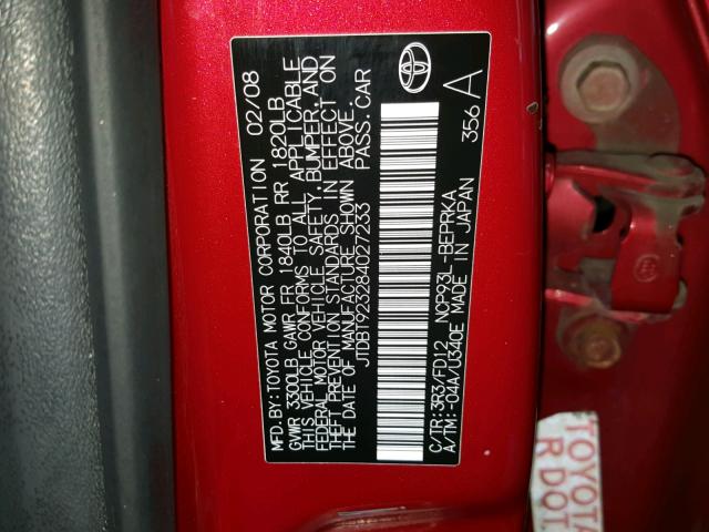 JTDBT923284027233 - 2008 TOYOTA YARIS RED photo 10