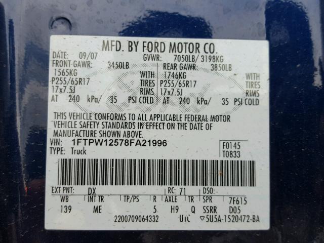 1FTPW12578FA21996 - 2008 FORD F150 SUPER BLUE photo 10