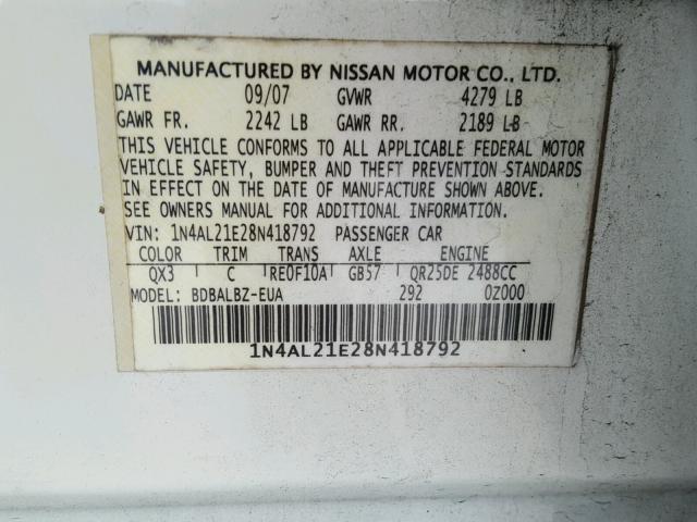 1N4AL21E28N418792 - 2008 NISSAN ALTIMA 2.5 WHITE photo 10