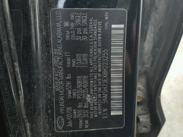 5NMSH73EX8H223255 - 2008 HYUNDAI SANTA FE S BLACK photo 10