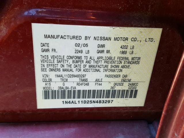 1N4AL11D25N483297 - 2005 NISSAN ALTIMA S RED photo 10