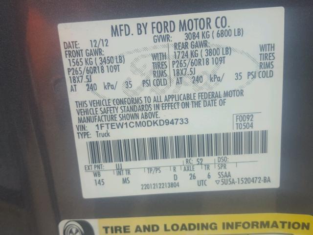 1FTEW1CM0DKD94733 - 2013 FORD F150 SUPER GRAY photo 10