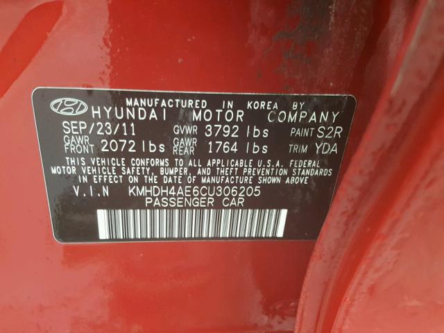 KMHDH4AE6CU306205 - 2012 HYUNDAI ELANTRA GL RED photo 10