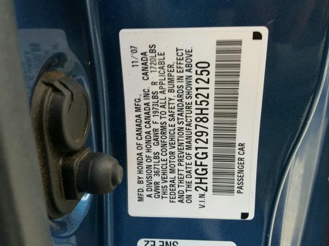 2HGFG12978H521250 - 2008 HONDA CIVIC EXL BLUE photo 10