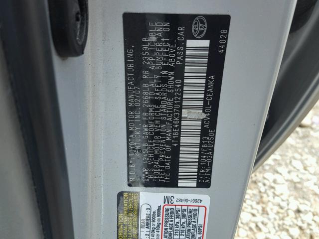 4T1BE46K37U122540 - 2007 TOYOTA CAMRY NEW SILVER photo 10