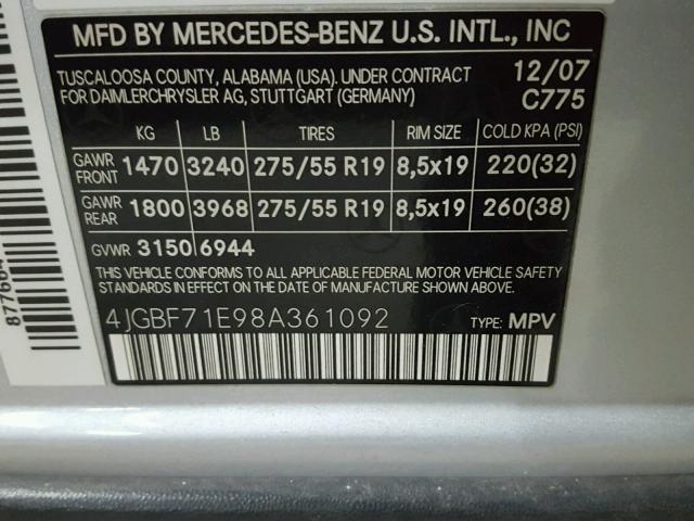 4JGBF71E98A361092 - 2008 MERCEDES-BENZ GL 450 4MA GRAY photo 10