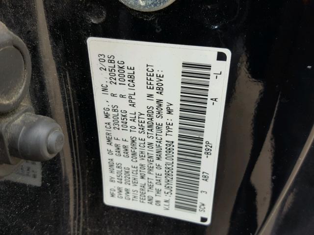 5J6YH28583L009694 - 2003 HONDA ELEMENT EX BLACK photo 10