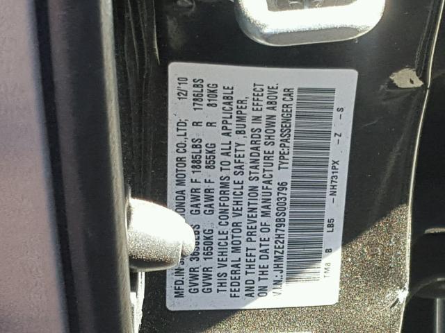 JHMZE2H79BS003796 - 2011 HONDA INSIGHT EX BLACK photo 10