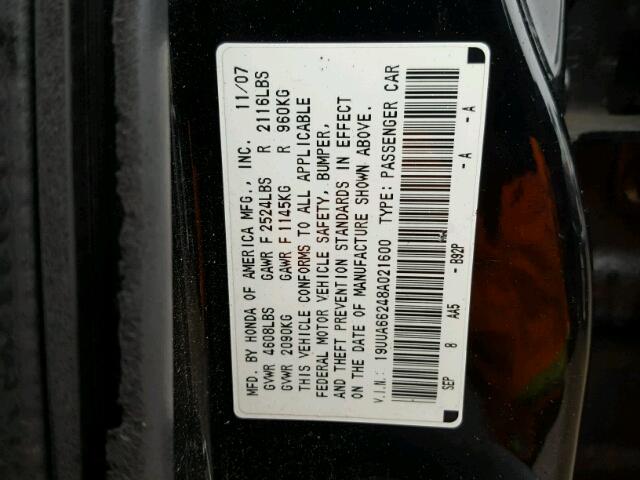 19UUA66248A021600 - 2008 ACURA TL BLACK photo 10