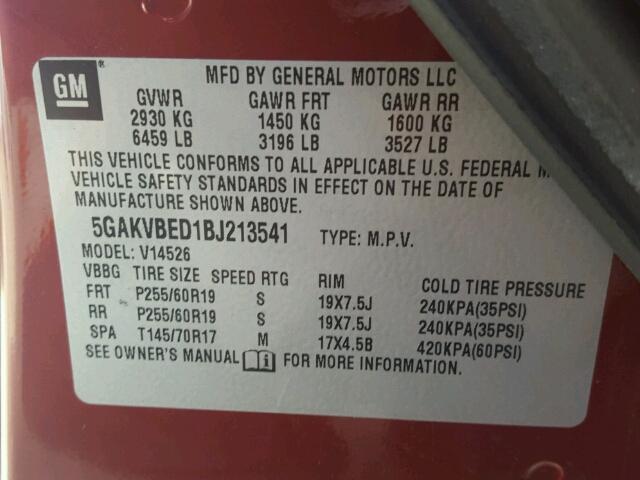 5GAKVBED1BJ213541 - 2011 BUICK ENCLAVE CX MAROON photo 10