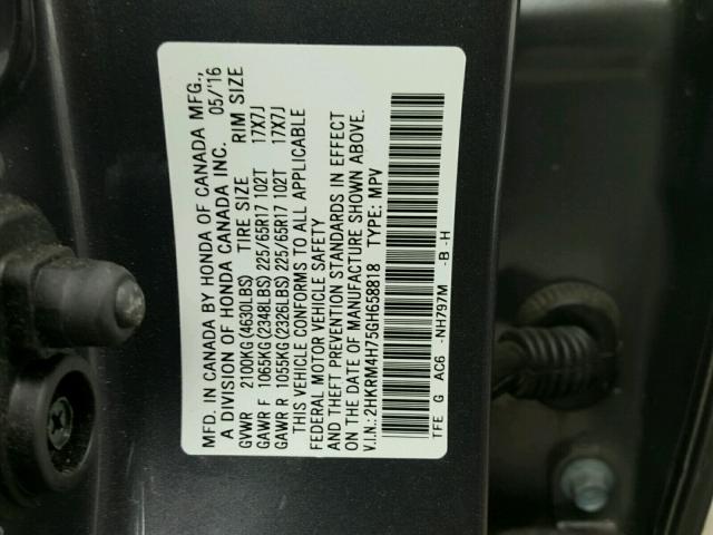 2HKRM4H75GH658818 - 2016 HONDA CR-V EXL GRAY photo 10