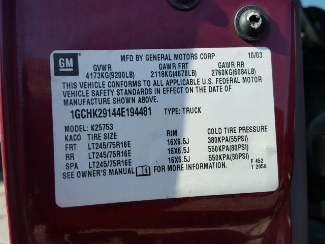 1GCHK29144E194481 - 2004 CHEVROLET SILVERADO RED photo 10