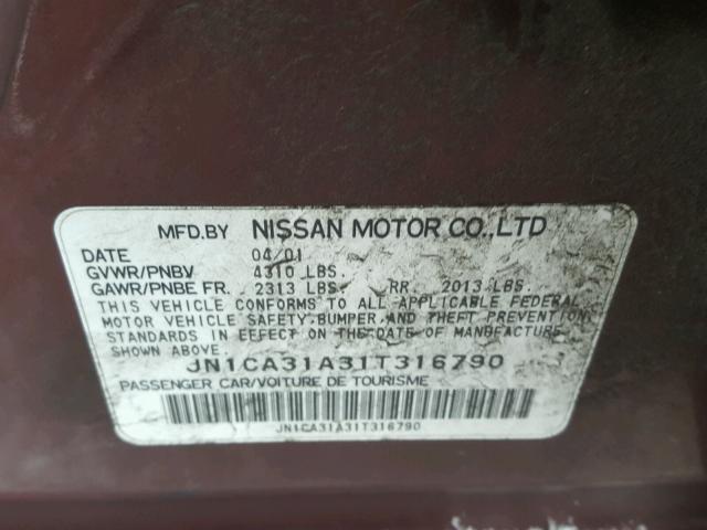 JN1CA31A31T316790 - 2001 NISSAN MAXIMA GXE MAROON photo 10