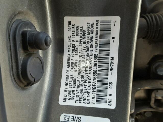 1HGFA16858L061365 - 2008 HONDA CIVIC EX GRAY photo 10